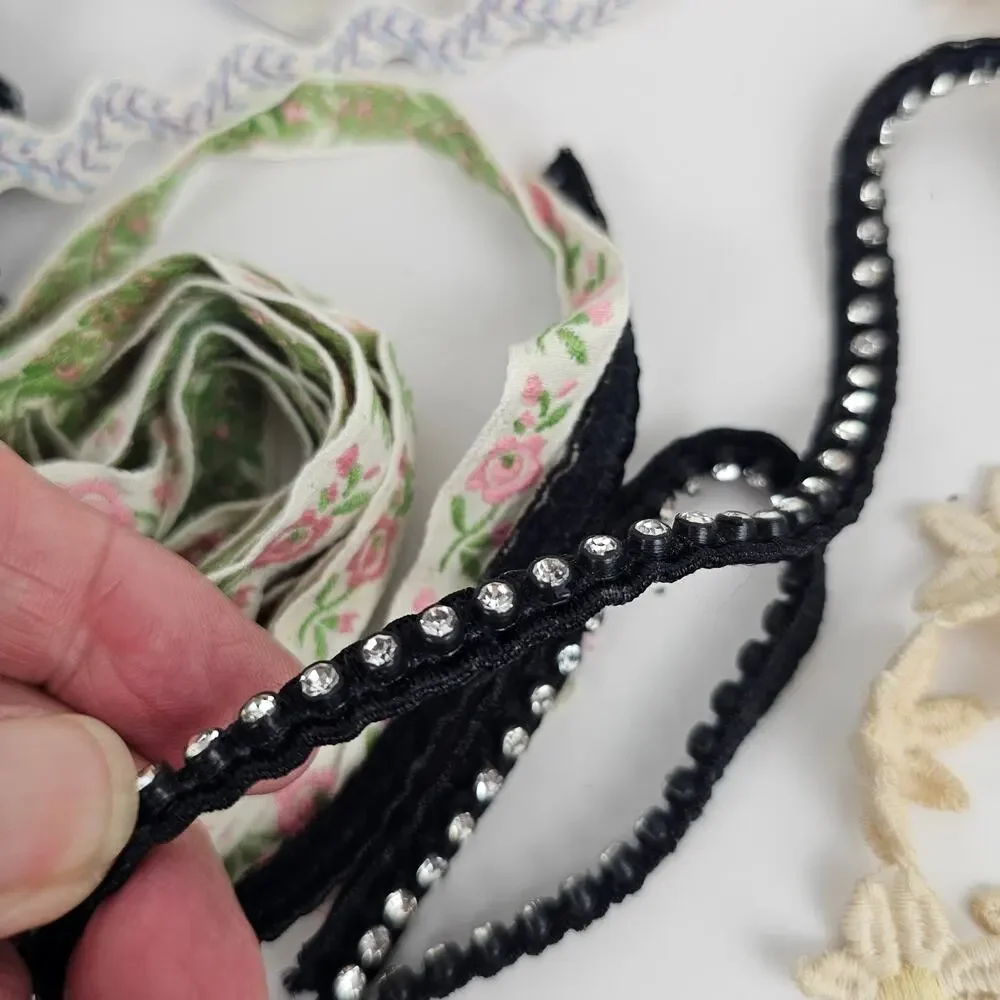 Lot vintage lace, beaded trim, rhinestone ribbon more